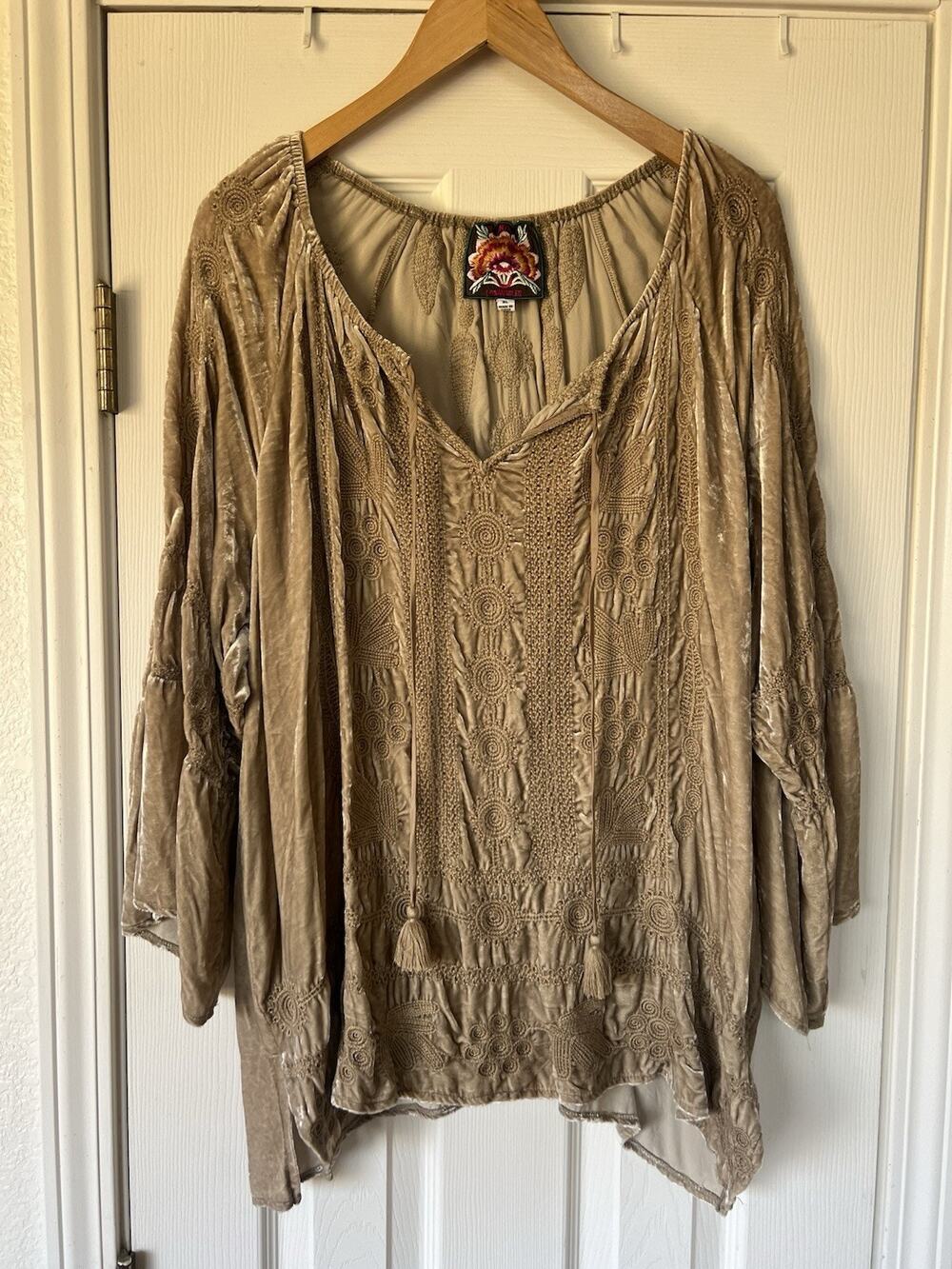 Johnny Was XL Yasmine Tunic Blouse Velvet Embroidered Gold Brown Silk Peasant